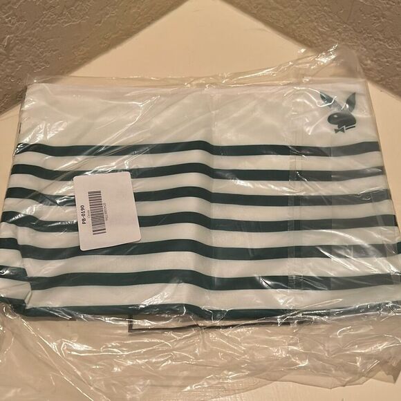 Playboy Zip Top Waterproof Beach Pouch White Green Stripe Toiletry Cosmetic Bag - Picture 7 of 9